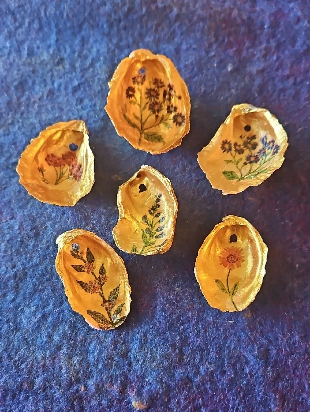 Hand-Painted Gold Shell Charms with Floral Decopaged Designs. Set Of 6